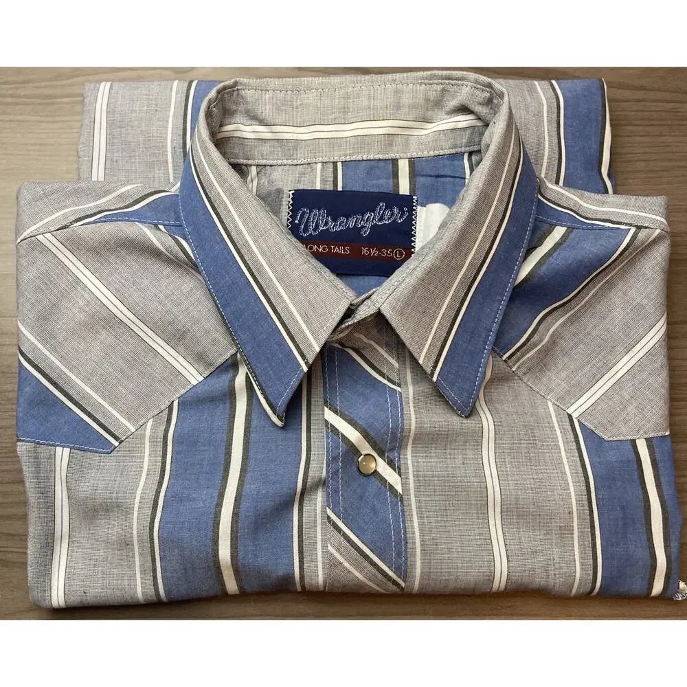 Wrangler Western Shirt Mens L-16.5-Blue Gray Pearl Snap Cowboy 90s-X Long-Vntg - Picture 2 of 11